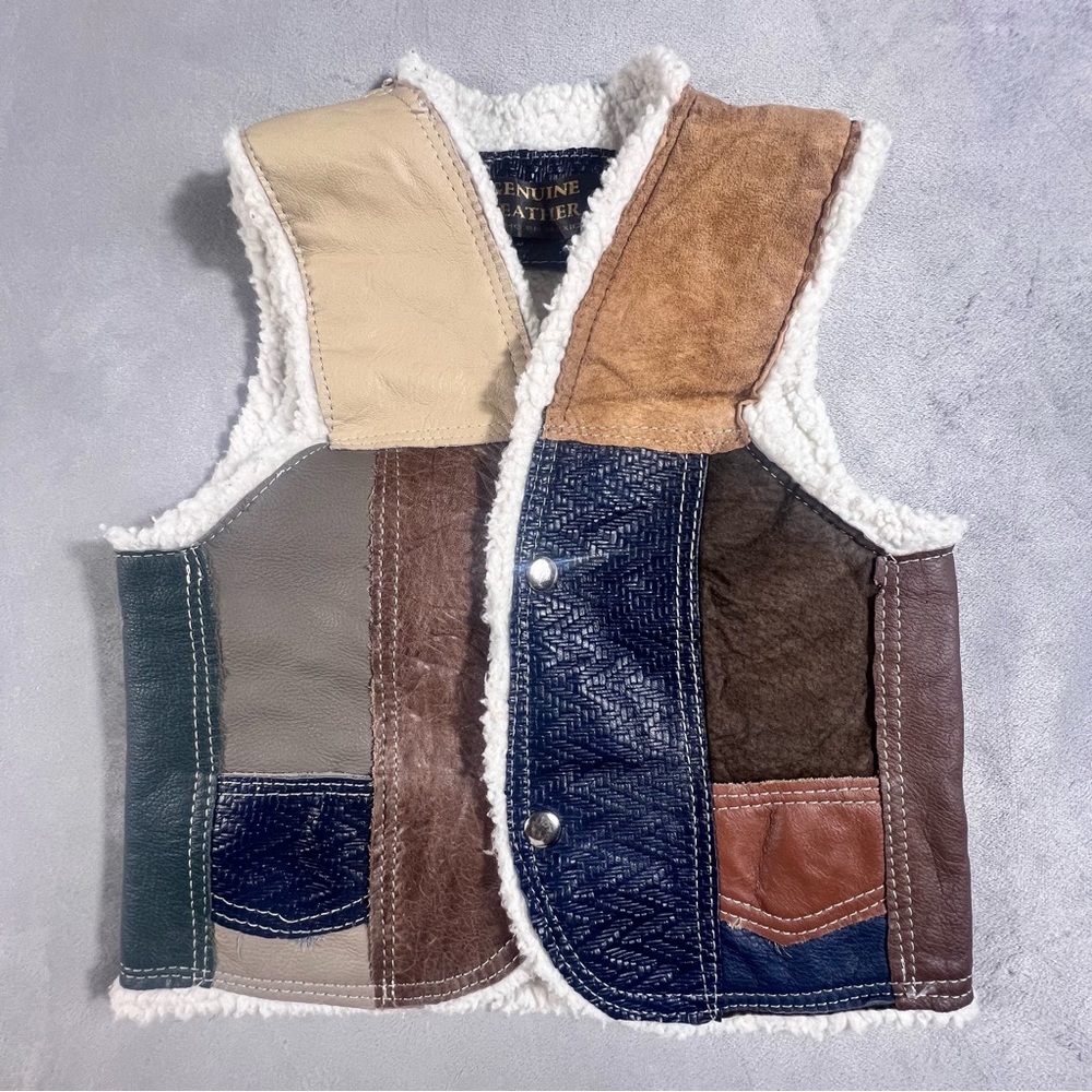 Patchwork Leather Vest with Shearling Lining Small Kids XL